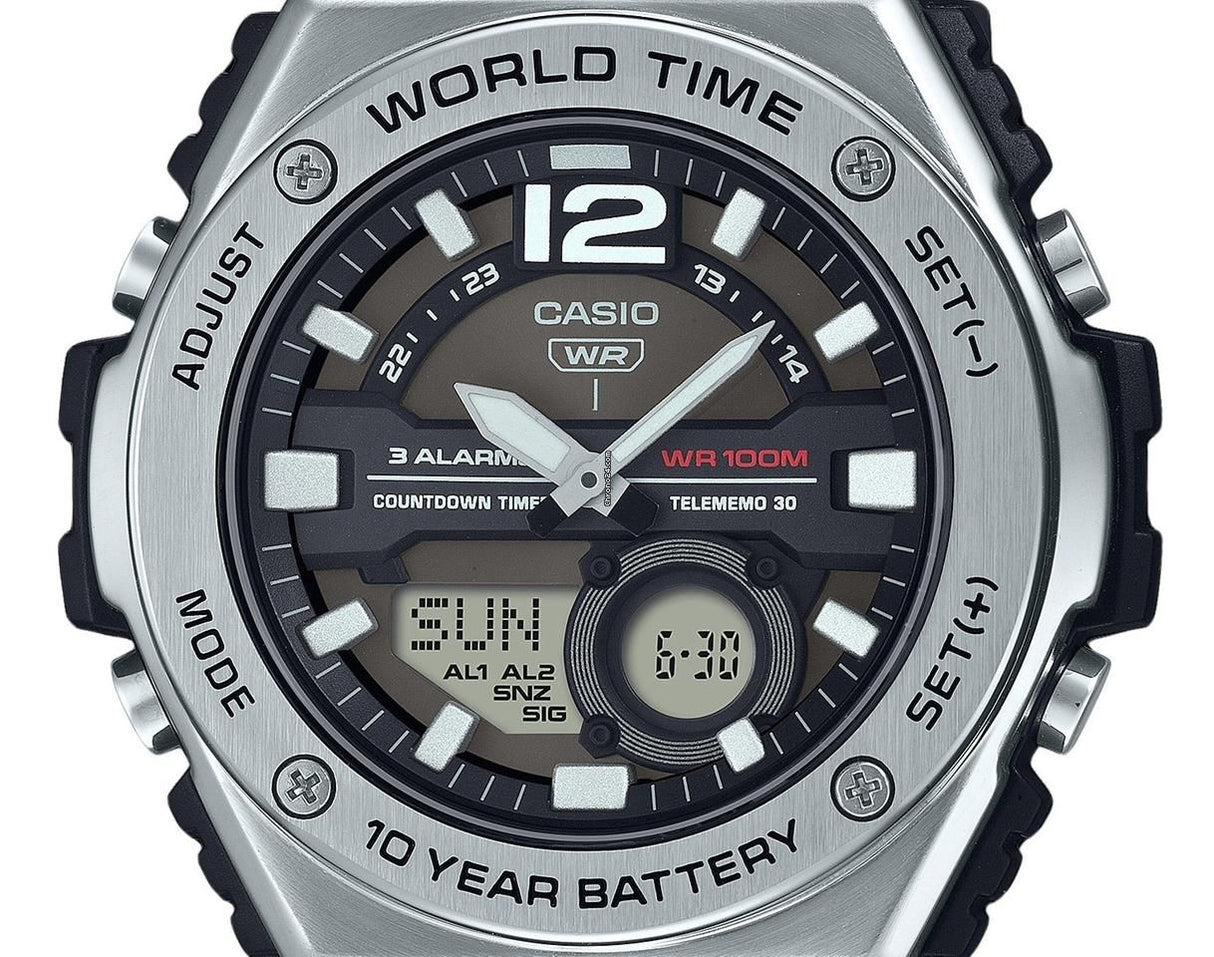 MWQ-100 Casio Hora mundial, Telememo, 10 Años de Batería Reloj para Hombre Pulsera de Caucho Doble hora