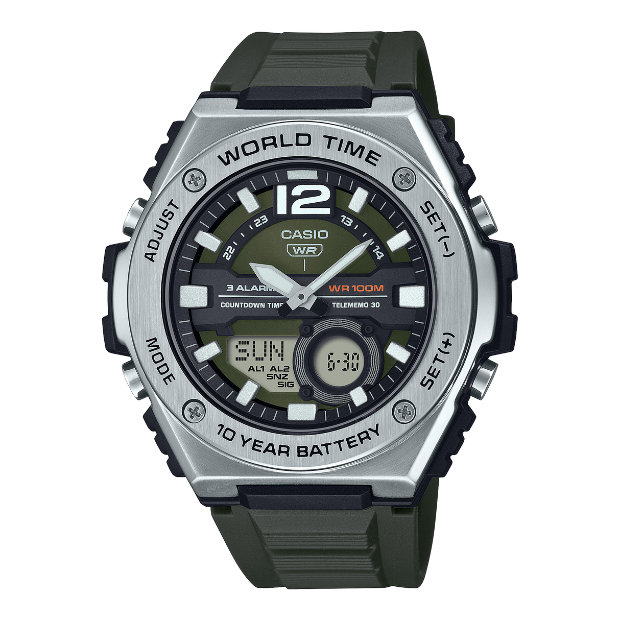 MWQ-100 Casio Hora mundial, Telememo, 10 Años de Batería Reloj para Hombre Pulsera de Caucho Doble hora