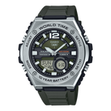 MWQ-100 Casio Hora mundial, Telememo, 10 Años de Batería Reloj para Hombre Pulsera de Caucho Doble hora