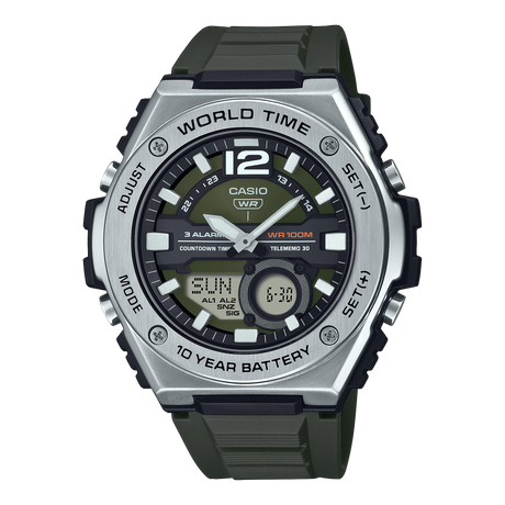 MWQ-100 Casio Hora mundial, Telememo, 10 Años de Batería Reloj para Hombre Pulsera de Caucho Doble hora