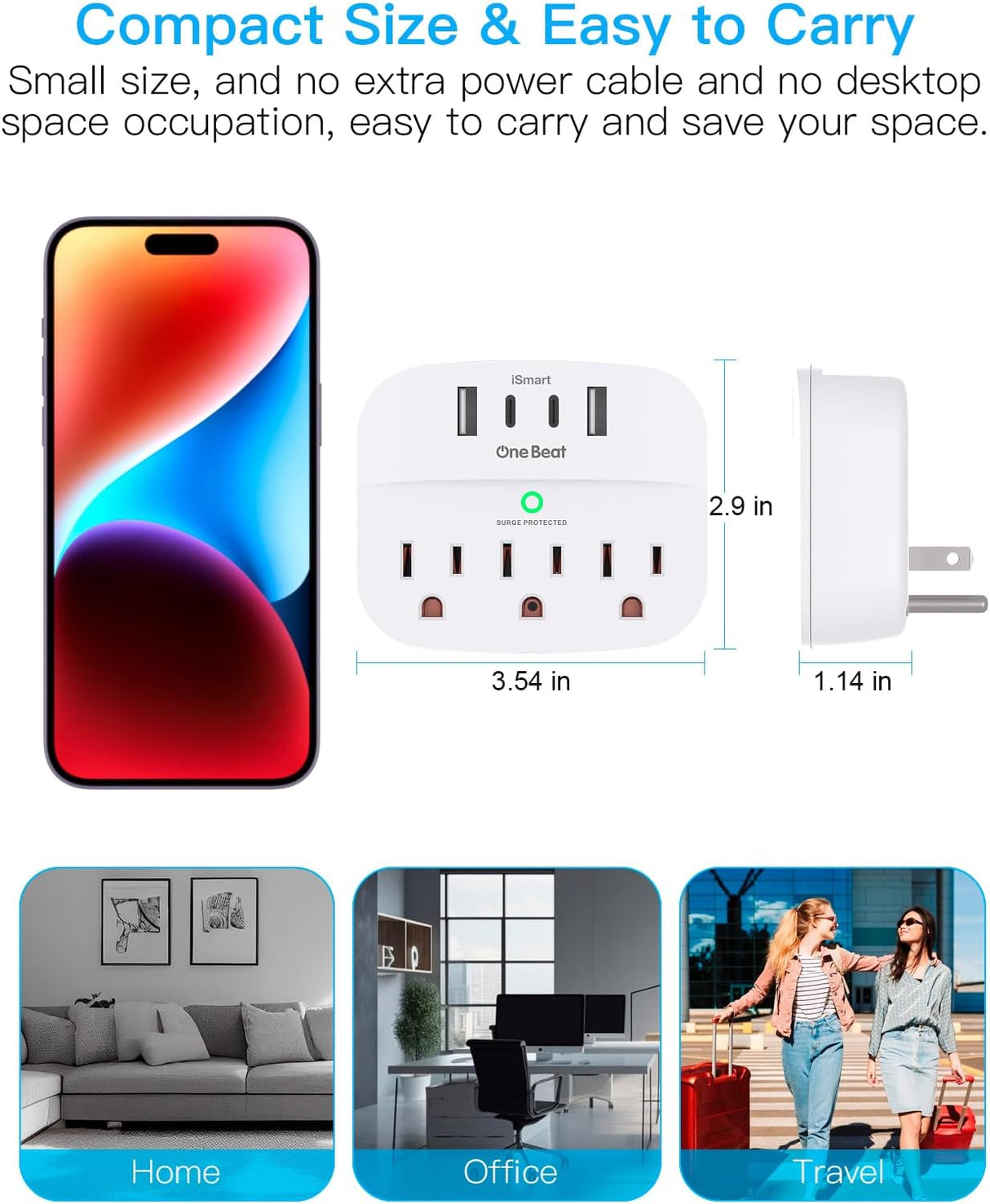 OB6016C2P One Beat Paquete de 2 divisores de enchufes múltiples con USB, extensor de salida protector de sobretensiones con 3 salidas de pared, 4 cargadores de pared USB (2 USB C)