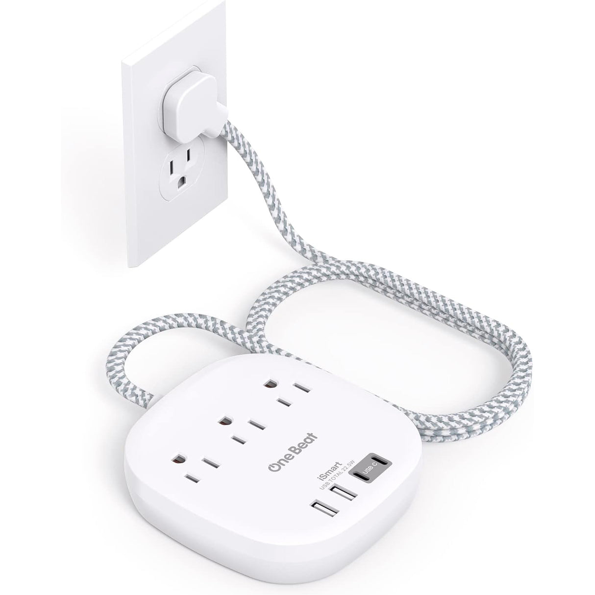 THUS03UC2 Onebeat Regleta multicontacto, cable de extensión ultraplano de 1.5 m, 3 tomas, 4 puertos USB (2 USB C)