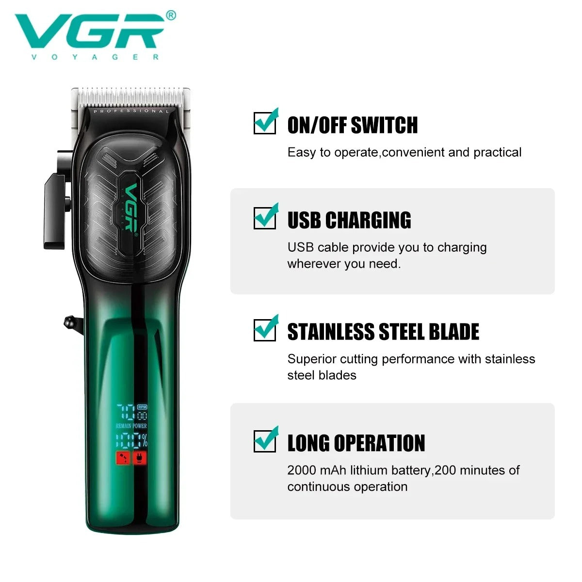 V-654 VGR Hair Trimmer - Máquina de Corte de Pelo Profesional Recargable