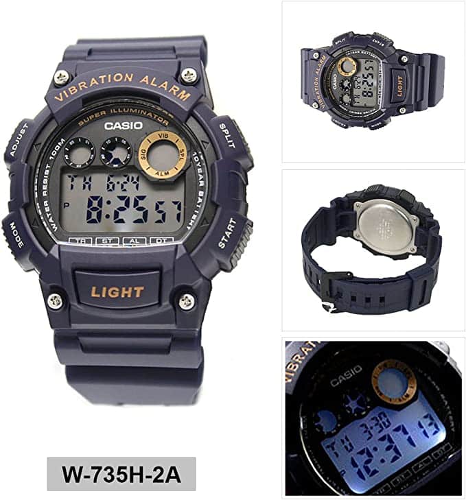 W-735 Reloj Casio para Hombre Pulsera de Caucho Digital Alarma Vibrante Super Illuminantor