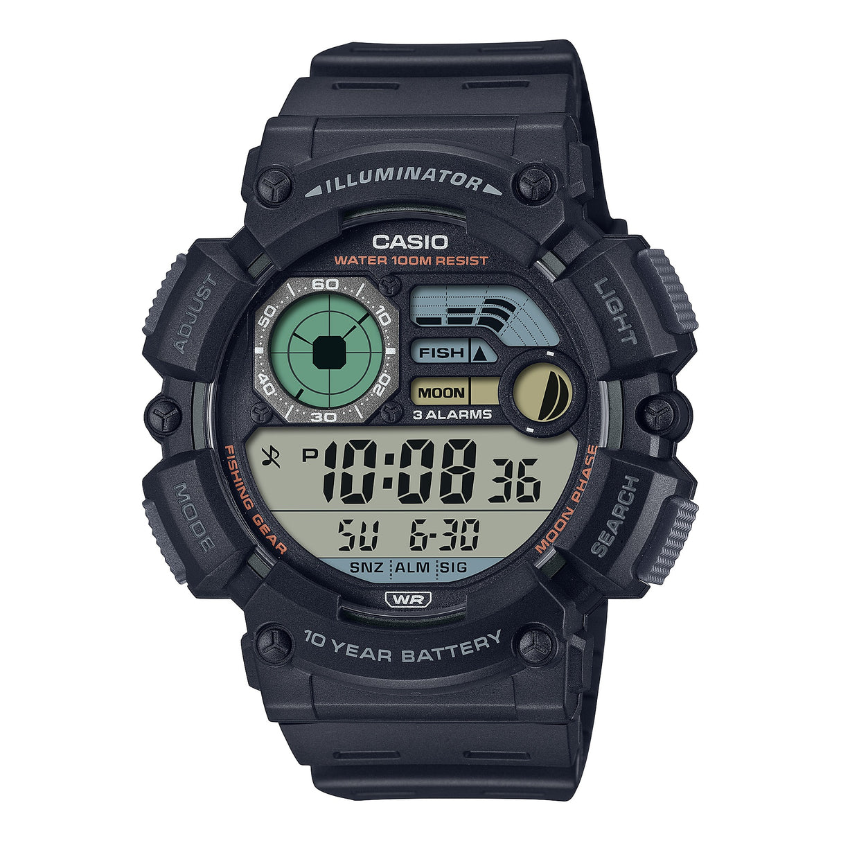 WS-1500 Casio Reloj Digital para Hombre Pulsera de Caucho Fishing Gear, Fase Lunar