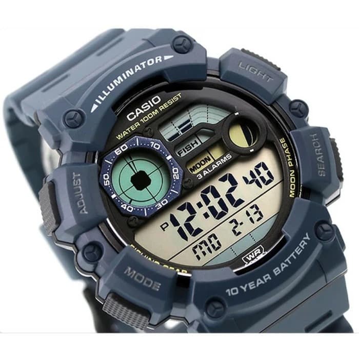 WS-1500 Casio Reloj Digital para Hombre Pulsera de Caucho Fishing Gear, Fase Lunar