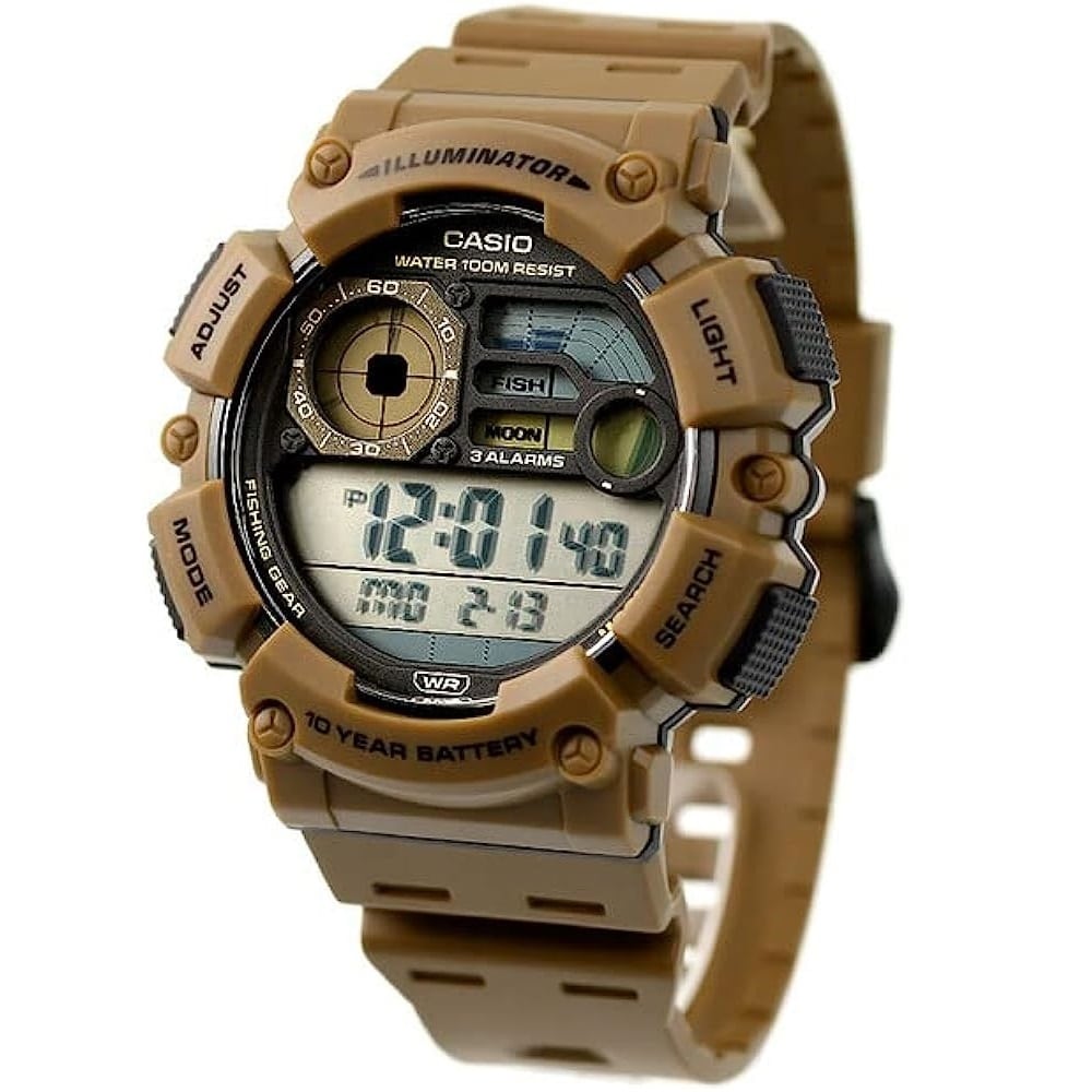 WS-1500 Casio Reloj Digital para Hombre Pulsera de Caucho Fishing Gear, Fase Lunar