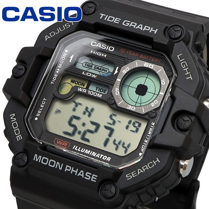 WS-1700 Casio Gráfica de marea, Illuminator, 10 años de batería, Fase Lunar Reloj para Hombre Pulsera de Caucho Digital