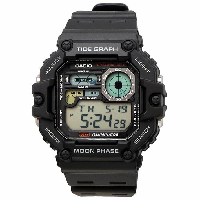 WS-1700 Casio Gráfica de marea, Illuminator, 10 años de batería, Fase Lunar Reloj para Hombre Pulsera de Caucho Digital